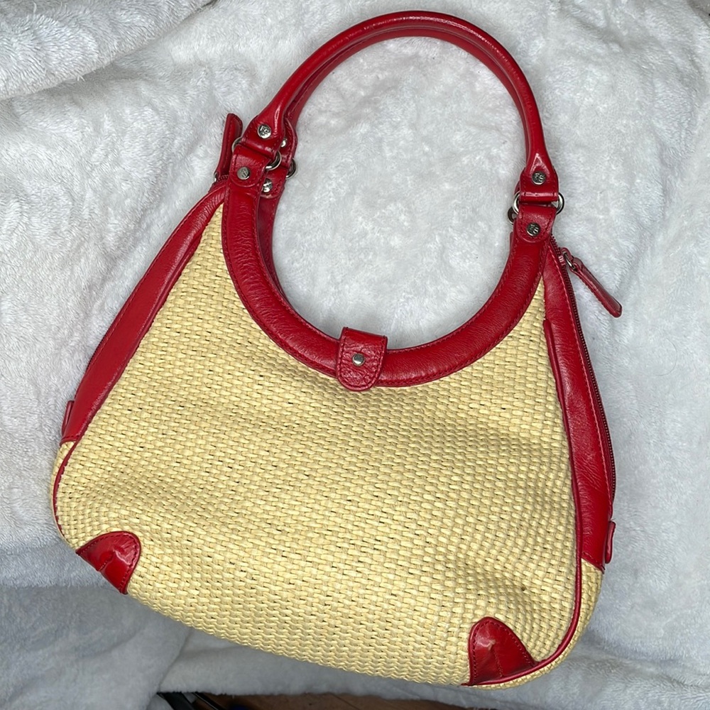 Vintage 90’s Franco Sarto straw and leather hobo style handbag, denim lining